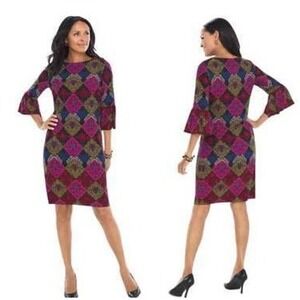 Chico's Jewel Geo Print Multicolor 3/4 Bell Sleeve Sheath Dress Size XS